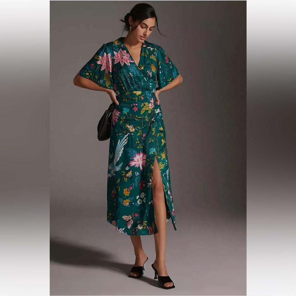 Anthropologie Maeve Emerald Green Floral Dress